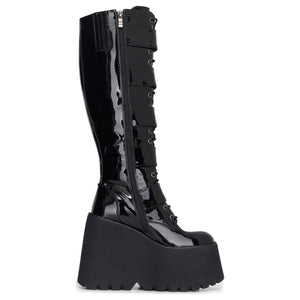 Botas de mujer charol vegano con plataforma y cuña altas hasta la rodilla estilo gótico negro - TruClothing.com - 4