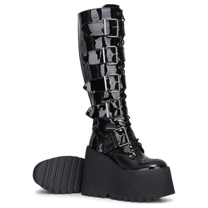 Botas de mujer charol vegano con plataforma y cuña altas hasta la rodilla estilo gótico negro - TruClothing.com - 5