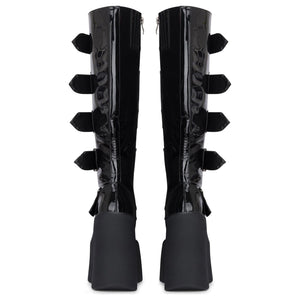 Botas de mujer charol vegano con plataforma y cuña altas hasta la rodilla estilo gótico negro - TruClothing.com - 6