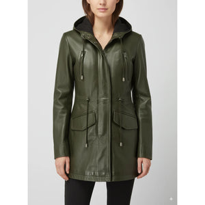Granatowa i brązowa kurtka parka z kapturem damska skórzana - Zielony - Infinity Leather - 14