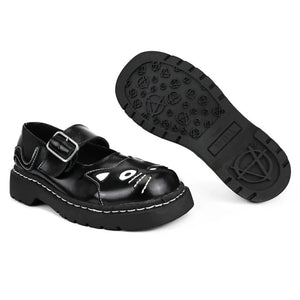 Women's Mary Jane Kitty Black Leather Platform Goth Shoes - TUK - 6