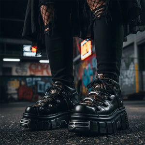 Damskie New Rock M-106N-C86 Czarne skórzane botki za kostkę na platformie w płomienie - New Rock - 3
