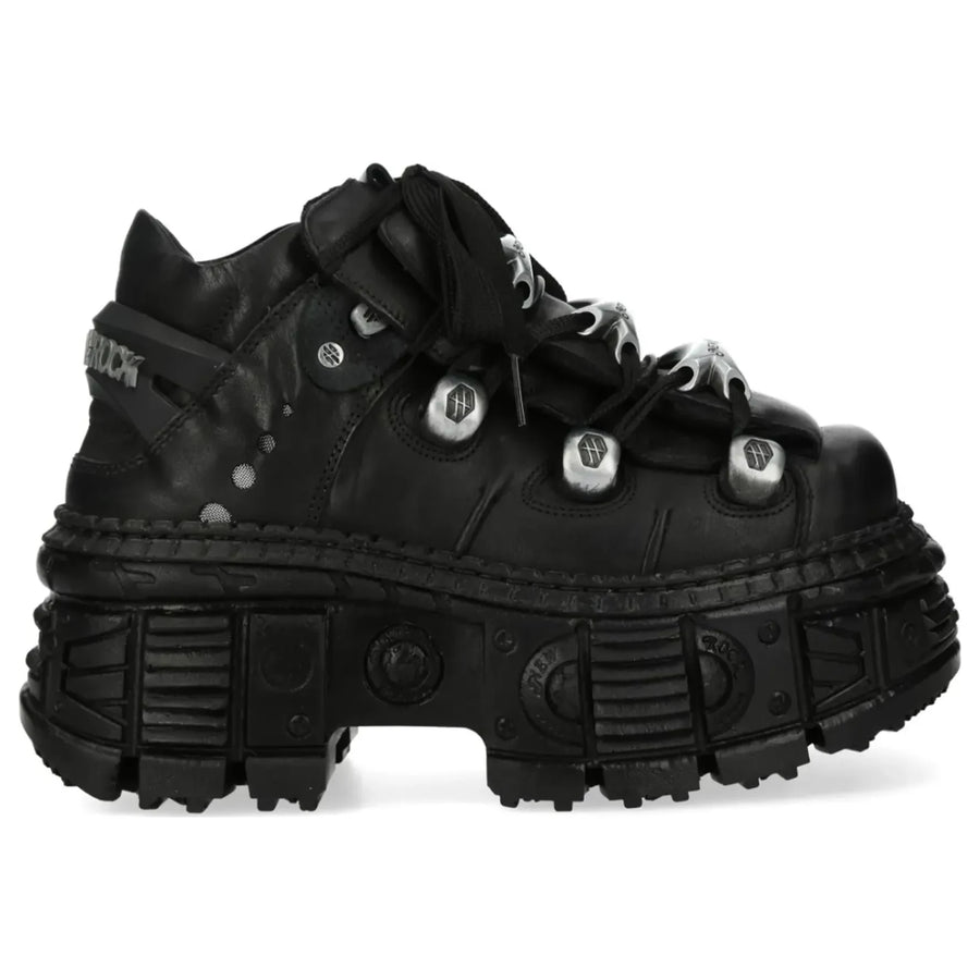 Women's New Rock M-OVERZ106B-C1 Chunky Black Leather Ankle Boots - New Rock - 1