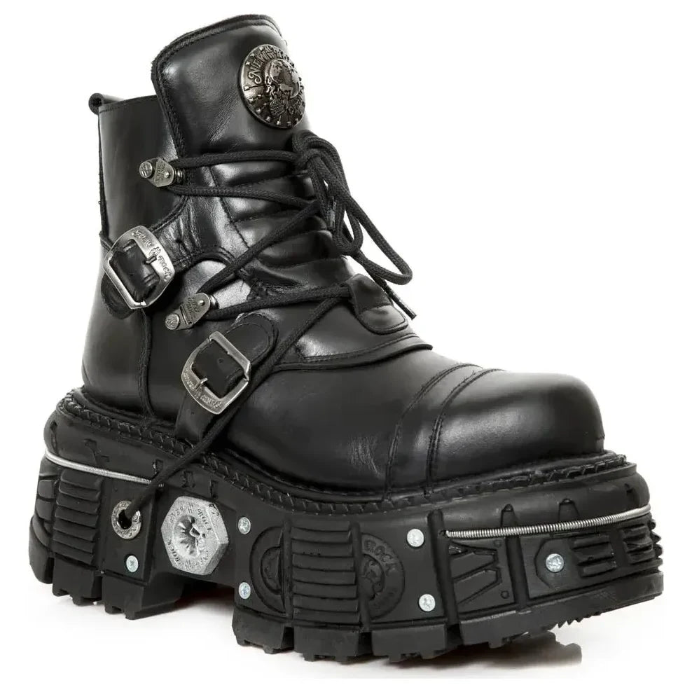 Damskie New Rock M-TANK007-S1 czarne skórzane buty za kostkę na platformie - New Rock - 1