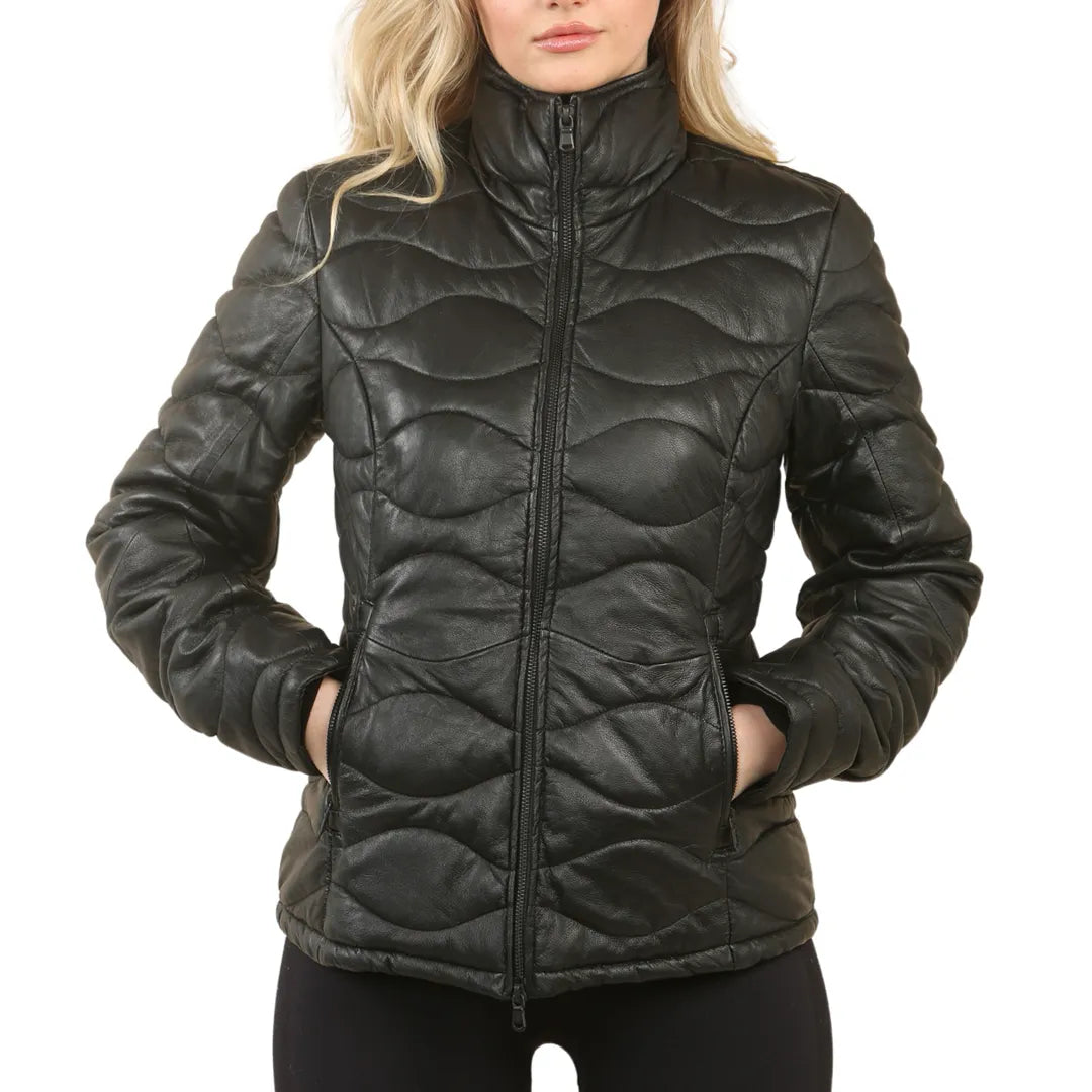 Women's Puffer Quilted Mid Length Leather Jacket - Black - Infinity Leather - 1