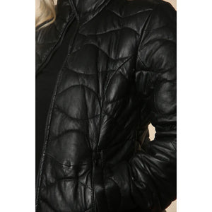 Women's Puffer Quilted Mid Length Leather Jacket - Black - Infinity Leather - 3