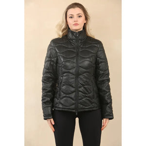 Women's Puffer Quilted Mid Length Leather Jacket - Black - Infinity Leather - 4