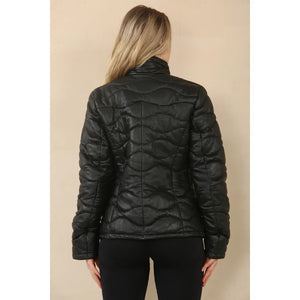 Women's Puffer Quilted Mid Length Leather Jacket - Black - Infinity Leather - 7