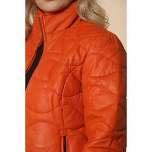 Women's Puffer Quilted Mid Length Leather Jacket - Orange - Infinity Leather - 12