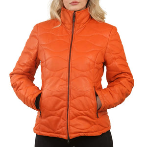 Women's Puffer Quilted Mid Length Leather Jacket - Orange - Infinity Leather - 8