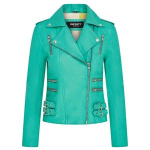 Women's Real Lamb Nappa Leather Vintage Biker Jacket - Aqua - Infinity Leather - 1