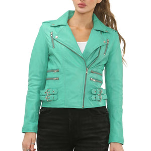 Women's Real Lamb Nappa Leather Vintage Biker Jacket - Aqua - Infinity Leather - 3