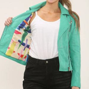 Women's Real Lamb Nappa Leather Vintage Biker Jacket - Aqua - Infinity Leather - 4