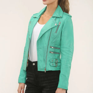 Women's Real Lamb Nappa Leather Vintage Biker Jacket - Aqua - Infinity Leather - 6