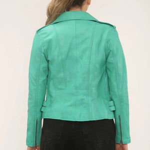 Women's Real Lamb Nappa Leather Vintage Biker Jacket - Aqua - Infinity Leather - 7