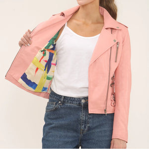 Women's Real Lamb Nappa Leather Vintage Biker Jacket - Baby Pink - Infinity Leather - 10