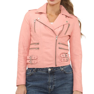 Women's Real Lamb Nappa Leather Vintage Biker Jacket - Baby Pink - Infinity Leather - 11