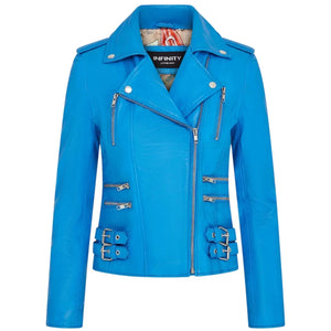 Women's Real Lamb Nappa Leather Vintage Biker Jacket - Blue - Infinity Leather - 15