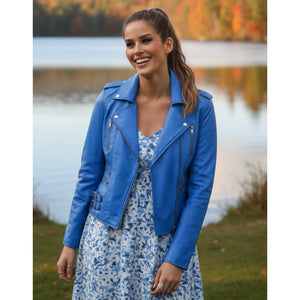 Women's Real Lamb Nappa Leather Vintage Biker Jacket - Blue - Infinity Leather - 16