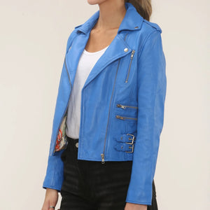 Women's Real Lamb Nappa Leather Vintage Biker Jacket - Blue - Infinity Leather - 19