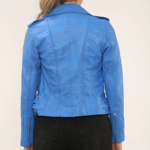 Women's Real Lamb Nappa Leather Vintage Biker Jacket - Blue - Infinity Leather - 21