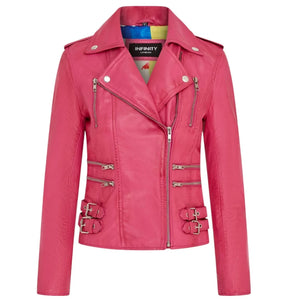 Women's Real Lamb Nappa Leather Vintage Biker Jacket - Fuchsia - Infinity Leather - 22