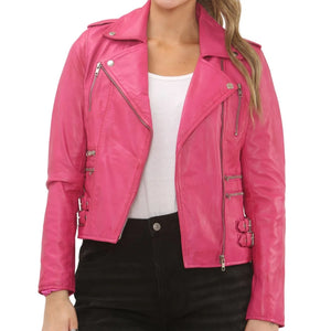 Women's Real Lamb Nappa Leather Vintage Biker Jacket - Fuchsia - Infinity Leather - 24