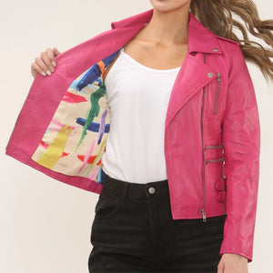 Women's Real Lamb Nappa Leather Vintage Biker Jacket - Fuchsia - Infinity Leather - 25