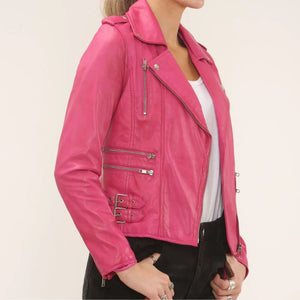 Women's Real Lamb Nappa Leather Vintage Biker Jacket - Fuchsia - Infinity Leather - 26