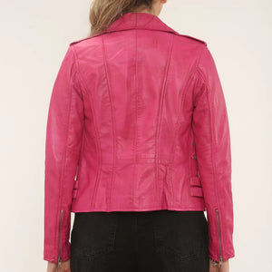 Women's Real Lamb Nappa Leather Vintage Biker Jacket - Fuchsia - Infinity Leather - 28