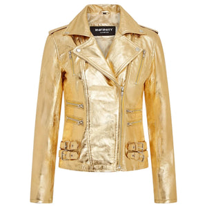 Women's Real Lamb Nappa Leather Vintage Biker Jacket - Gold - Infinity Leather - 29