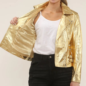Women's Real Lamb Nappa Leather Vintage Biker Jacket - Gold - Infinity Leather - 31