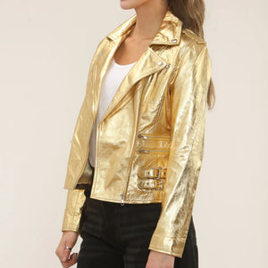 Women's Real Lamb Nappa Leather Vintage Biker Jacket - Gold - Infinity Leather - 33