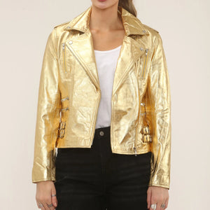 Women's Real Lamb Nappa Leather Vintage Biker Jacket - Gold - Infinity Leather - 34