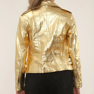 Women's Real Lamb Nappa Leather Vintage Biker Jacket - Gold - Infinity Leather - 35