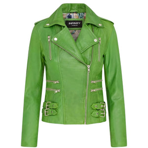 Women's Real Lamb Nappa Leather Vintage Biker Jacket - Green - Infinity Leather - 36