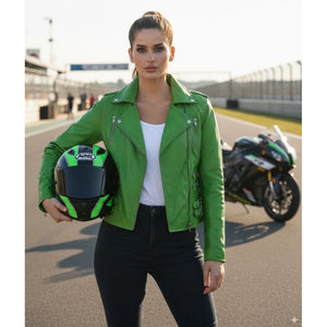 Women's Real Lamb Nappa Leather Vintage Biker Jacket - Green - Infinity Leather - 37