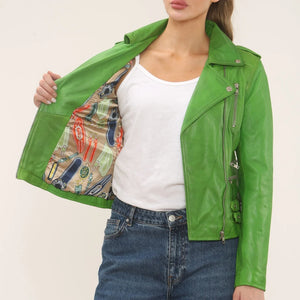 Women's Real Lamb Nappa Leather Vintage Biker Jacket - Green - Infinity Leather - 38