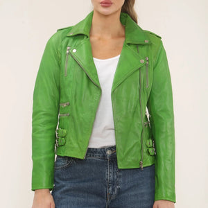 Women's Real Lamb Nappa Leather Vintage Biker Jacket - Green - Infinity Leather - 39