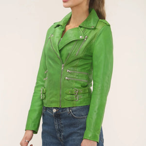 Women's Real Lamb Nappa Leather Vintage Biker Jacket - Green - Infinity Leather - 40