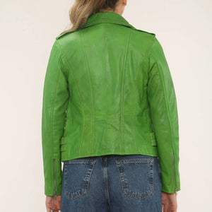 Women's Real Lamb Nappa Leather Vintage Biker Jacket - Green - Infinity Leather - 42