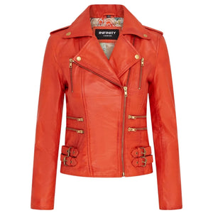 Women's Real Lamb Nappa Leather Vintage Biker Jacket - Orange - Infinity Leather - 43