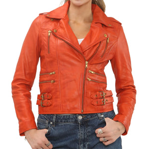 Women's Real Lamb Nappa Leather Vintage Biker Jacket - Orange - Infinity Leather - 45
