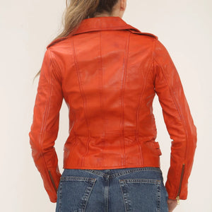 Women's Real Lamb Nappa Leather Vintage Biker Jacket - Orange - Infinity Leather - 48