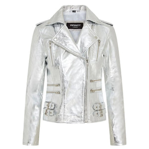 Women's Real Lamb Nappa Leather Vintage Biker Jacket - Silver - Infinity Leather - 50