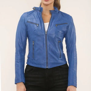 Damen Echtleder Klassische Racer Stil Bikerjacke - Blau - Infinity Leather - 2