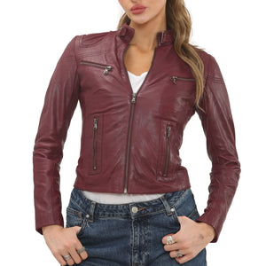 Damen Echtleder Klassische Racer Stil Bikerjacke - Burgund - Infinity Leather - 12