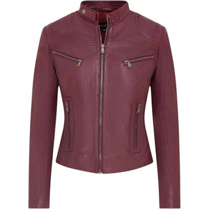 Damen Echtleder Klassische Racer Stil Bikerjacke - Burgund - Infinity Leather - 8