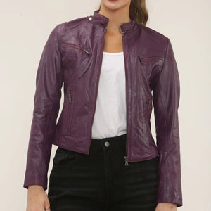 Damen Echtleder Klassische Racer Stil Bikerjacke - Pflaume - Infinity Leather - 31