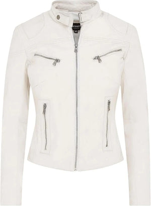 Damen Echtleder Klassische Racer Stil Bikerjacke - Weiß - Infinity Leather - 37
